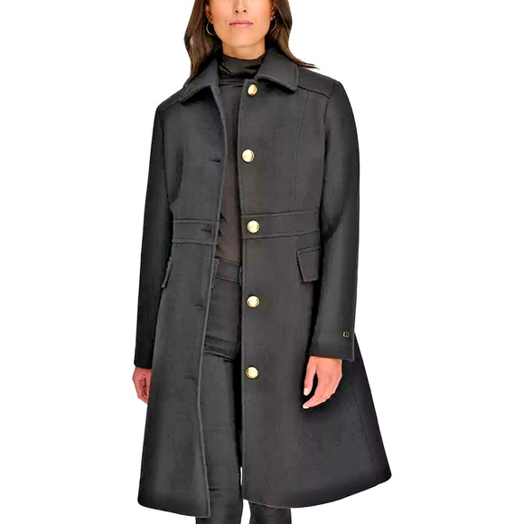 Tommy Hilfiger Women's Sz Large Single Breasted Coat Black Gold Buttons $315 - Picture 2 of 11
